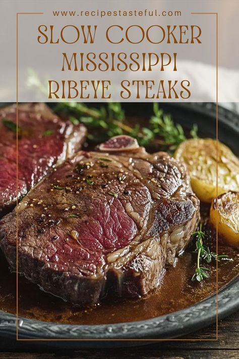 Transform dinner into a decadent affair with these effortlessly gourmet Slow Cooker Mississippi Ribeye Steaks. Juicy ribeye steaks, slow-cooked with peppery ranch and au jus flavors, and tangy pepperoncini create a meal that's bursting with flavor. Ribeye Slow Cooker Recipe, Mississippi Steak Crockpot, Ribeyes In Crockpot, Ribeye Steaks In Crockpot, Mississippi Ribeye Steak, Ribeye Steak Recipes Crockpot, Ribeye In Crockpot, Slow Cooker Mississippi Ribeye Steaks, Ribeye Crockpot Recipes