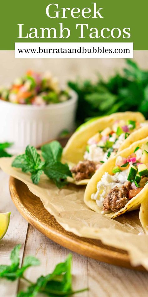 For a unique spin on taco night, you'll love these Greek lamb tacos with a fresh cucumber pico de gallo. Bursting with Mediterranean-inspired flavors in every bite, these tacos come together in just 30 minutes, making for one easy meal when entertaining. Lamb Tacos Recipes, Lamb Tacos, Fusion Tacos, Taco Ideas, Lamb Taco, Ground Lamb Recipes, Greek Lamb, 2024 Recipes, Street Tacos