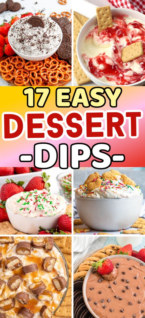 These are the best ideas for dessert dip recipes! Oreo dip, cannoli dip, strawberry dip, cherry cheesecake dip, brownie batter dip, twix dip and many more dessert dips for parties. Chocolate dessert dip, best dessert dips, easy dessert dip recipes, 3 ingredients dessert dip, easy dessert dips recipes. Dips And Desserts Party, Easy Delicious Dips Appetizers, Summer Dessert Dip Recipes, Summer Party Dip Recipes, Fun Dip Ideas, Cold Sweet Dips, Dessert Dip Charcuterie Board Ideas, Dessert Fruit Dip, Cream Cheese Dessert Dip Recipes