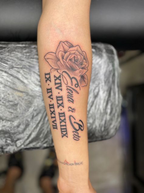 Roman Numeral Tattoo With Rose, Rose With Roman Numerals, Tattoo With Roman Numerals, Roman Numeral Tattoo With Flowers, Best Rose Tattoo, Grandparents Tattoo, Rose Tattoo With Name, John Bosco, Tattoos Cute