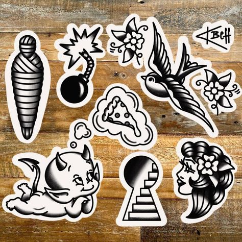 Small Flash Tattoo Ideas Traditional, Masculine Flash Tattoo, Snoopy Traditional Tattoo, Small American Traditional Tattoo Flash, American Traditional Tattoos Black And White, American Traditional Flash Sheet, Traditional Tattoo Gap Fillers, Small Traditional Tattoo Fillers, Traditional Flash Sheet