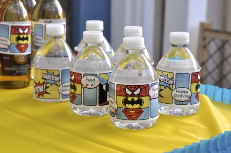 Super Hero Party by Cherry On Top Parties of San Francisco.  Superhero decorations, Batman Superman, Spiderman waterbottle labels. Superhero Pool Party, Superhero Birthday Candy Table, Superhero Party Food Labels, Superman Party Favors, Super Hero Water Bottle, Hulk Birthday Cakes, Avengers Birthday Party Decorations, Superhero Decorations, Pastel Iphone Wallpaper