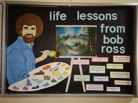 Artist Of The Week Bulletin Board, Life Skills Ra Bulletin Board, Bob Ross Bulletin Board, Art Gallery Bulletin Board, Bob Ross Art, Art Classroom Organization, Door Bulletin Boards, Art Bulletin Boards, Ra Themes