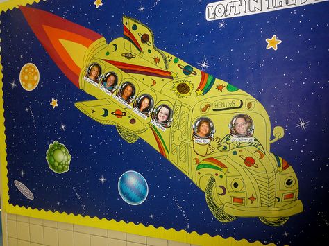 Magic School Bus Bulletin Board | Flickr - Photo Sharing! Science Classroom Door, Space Bulletin Boards, Adventure Classroom, School Wide Themes, Space Theme Classroom, Sports Classroom, Sports Theme Classroom, Space Classroom, Clutter Free Classroom