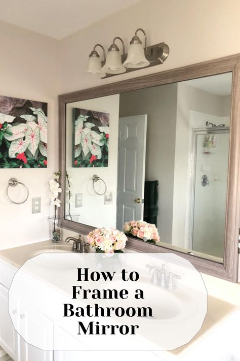 A custom bathroom mirror frame from MirrorChic can be installed in minutes by even a beginning DIYer and looks fantastic! Frame A Bathroom Mirror, Frame Makeover, Oak Bathroom Cabinets, Plain Mirror, Add A Bathroom, Painting Bathroom Cabinets, Oak Bathroom Vanity, Faux Fireplace Diy, Bathroom Mirror Frame