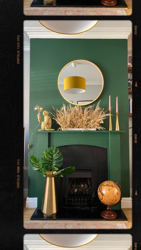 Emerald Green Fireplace, Green Fireplace, Edwardian Fireplace, 1920 Home, Round Wooden Mirror, Black Mantle, Green Accessories, Wooden Mirror, Room Color