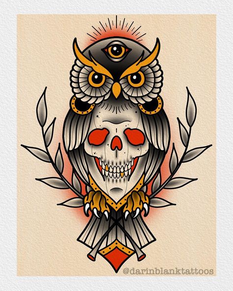 Skull owl design up for grabs! darinblanktattoos@gmail.com for bookings. . . . . #tattoo #tattoos #tattooart #tattooartist #tattooflash… Owl Tattoo Flash, Wolf Sketch Tattoo, Pinup Tattoos, Tattoo Planets, Traditional Owl, Mandala Arm Tattoo, Edinburgh Tattoo, Traditional Owl Tattoos, Berg Tattoo