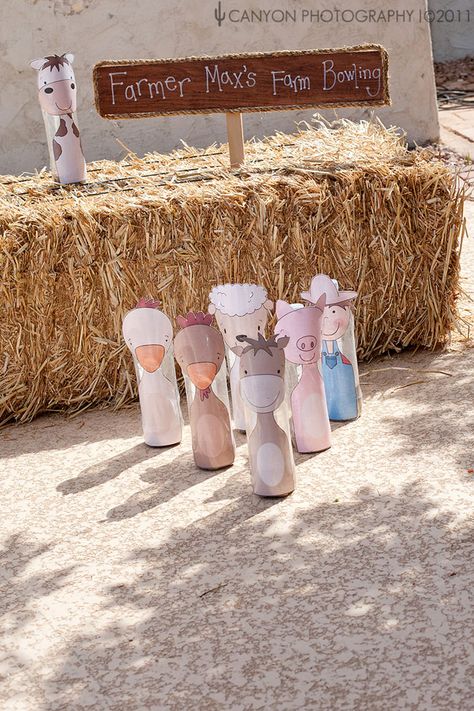 Farm Animal Bowling Game, Farm Games For Birthday Party, Barnyard Games For Kids Farm Theme, Farm Animal Party Games, Horse Party Activities, Farm Themed Birthday Party Games, Farm Birthday Party Games, Farm Party Games, Country Western Party