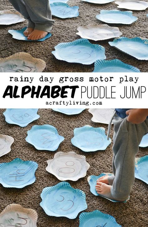 A Crafty LIVing - Alphabet Puddle Jump www.acraftyliving.com Weather Gross Motor Preschool, Jumping Preschool Activities, Rain Math Activities For Preschool, Weather Number Activities Preschool, April Gross Motor Activities, Seasons Learning Activities, Prek Weather Theme, Welcome Spring Preschool Activities, Weather Prek