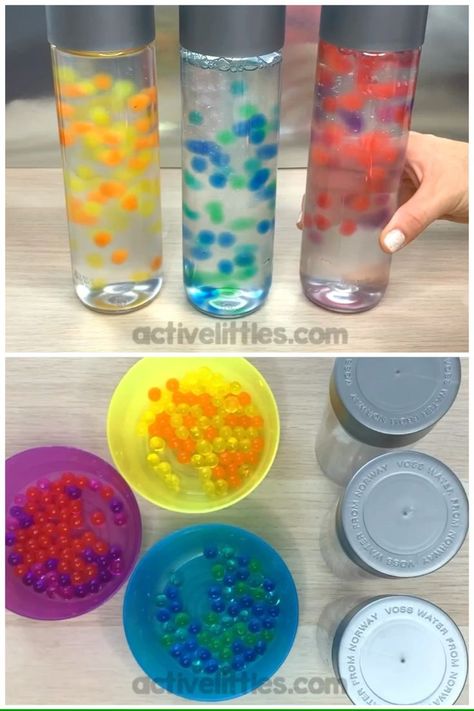 Water bead sensory bottle - a wonderful sensory play idea you can try at home with your kids! Fun and easy sensory play that is great for babies, toddlers and preschoolers.  #sensory #sensorybottles #learning #diy #recipe Water Bead Sensory Bottle, Calming Sensory Bottles, Calm Sensory Bottles, Calm Down Jar, Sensory Bottle, Bead Bottle, Sensory Bags, Baby Sensory Play, Anniversaire Harry Potter