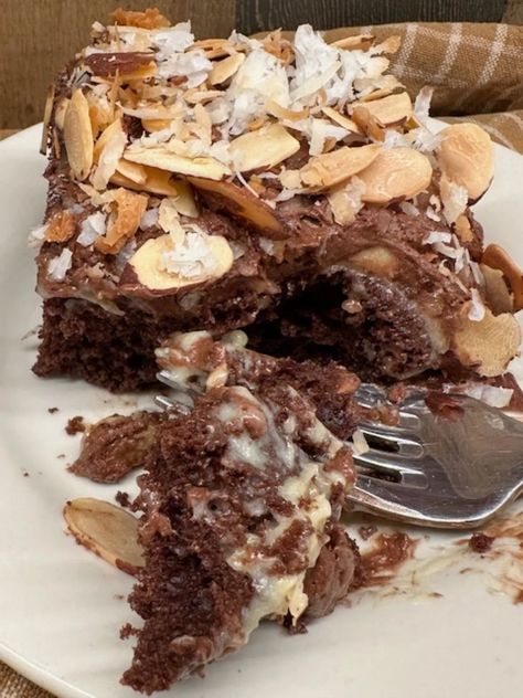 Delicious Almond Joy Cake Is Easy To Make | GB's Kitchen Almond Joy Cake, Almond Joy Candy, Almonds Chocolate, Chocolate Cake From Scratch, Devils Food Cake Mix Recipe, Coconut Pudding, Moist Cake, Peach Cake, Warm Cake