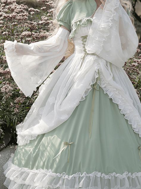 Spring Sweet Basil White Long Bell Sleeves White Flowy Outfit, Sage Green Clothes, Majestic Dress, Bell Aesthetic, Flowy Sleeve Dress, Long Flowy Sleeves, Cultural Clothes, Long Sleeve Flowy Dress, Fantasy Elements