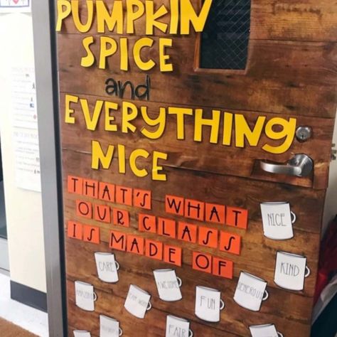 Festive Fall Door Decorating Ideas for the Classroom - PinkPopDesign Fall Door Decorations Classroom, Door Decoration Contest, Door Decorating Ideas, Window Decorating, Valentine Door Decorations, Christmas Door Decorating Contest, Fall Classroom Decorations, Fall Classroom, Fall Drink