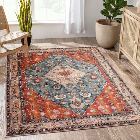 PRICES MAY VARY. [Exclusive Design Oriental Rug] - This boho chic rug offers intricate printed texture on a soft-underfoot polyester base.The teal blue classic diamond center and red and cream border come alive with tribal element. Red distressed rug would effortlessly complement any decor and most contemporary living spaces. [Non-Shedding & Non-Slip Mat] - Expertly machine-made with low pile surface and reinforced overlock edges which is virtually non-shedding but super soft underfeet.Skid resi Living Bedroom, Chic Rug, 4x6 Area Rugs, Small Apartment Decorating, 5x7 Area Rug, Boho Area Rug, Living Room Area Rugs, Soft Rug, Boho Vintage