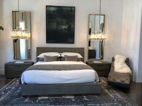 //two large mirrors above nightstand, pendant chandelier lights above (nothing on nightstand) Hanging Mirrors, Two Mirrors, Grey Bedroom Decor, Luxe Bedroom, Bedroom Pictures, Luxury Bedroom Master, Modern Bedroom Decor, Night Stands, Bedroom Night Stands