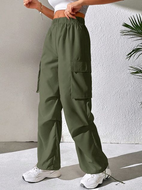 Olive Green Casual Collar  Woven Fabric Plain Parachute Embellished Non-Stretch  Women Clothing Olive Green Casual Outfits, Olive Green Cargo Pants Outfit, Green Sweatpants Outfit, Green Cargo Pants Outfit, Parachute Pants Outfit, Cargo Dress, Cargo Dress Pants, Olive Green Cargo Pants, Minimalist Wardrobe Capsule