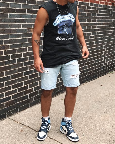 Air Jordan 1 Mid Outfit, Jordan Men, Jordan Outfit, Shorts Men, Short Jeans, Air Jordan 1 Mid, Vintage Tee, Mens Denim Short, Air Jordan 1