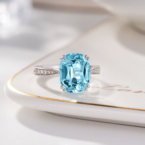 5ct 4A Cushion Cut Aquamarine Diamond Solitaire Engagement Ring 18K White Gold Rings For Wedding, Gem Rings, Micro Pave Ring, Charles And Colvard Moissanite, Semi Mount Ring, Gem Ring, Pave Ring, Diamond Solitaire Engagement Ring, White Rose Gold