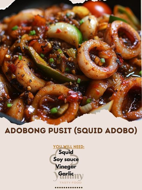 🦑🍛 Dive into the savory goodness of Adobong Pusit—tender squid cooked in a tangy, flavorful adobo sauce! 😋 #AdobongPusit #FilipinoFavorites Adobong Pusit (Squid Adobo) Ingredients: Squid (500g, cleaned and sliced) Soy sauce (1/4 cup) Vinegar (1/4 cup) Garlic (4 cloves, minced) Onion (1, chopped) Tomato (1, chopped) Bay leaf (1) Black peppercorns (1 tsp) Salt and pepper (to taste) Instructions: Sauté garlic, onion, and tomato in a pan until softened. Add squid, soy sauce, vinegar, bay leaf... Adobong Pusit Recipe, Pusit Recipe, Adobong Pusit, Adobo Sauce, Minced Onion, Chopped Tomatoes, Black Peppercorn, Adobo, Soy Sauce