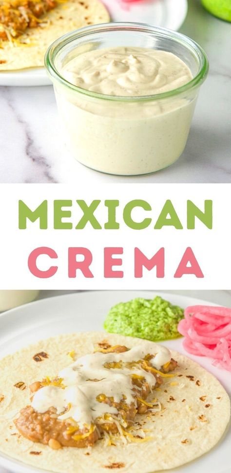 This Mexican crema recipe with sour cream is super easy to make. You can serve with almost any Mexican dish. We love it on tacos and as a dip for tortilla chips. This one has a bit of a kick, but you can tame it down. Mexican Whipped Cream, Sour Cream Dip For Tortilla Chips, Like Crema Recipe, Mexican Table Cream Recipes, Sour Cream Mexican Dip, How To Make Mexican Crema, Chipotle Copycat Sour Cream, How To Make Crema Mexicana, Sour Cream Drizzle For Tacos