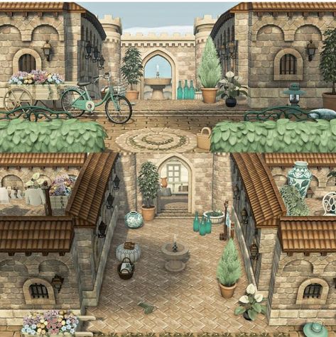 Entrance Animal Crossing, Acnh Medieval, Acnh Elegant, Castle Entrance, Disney Island, Town Inspiration, European Town, Future Islands, Animal Crossing 3ds