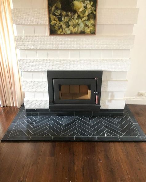 Mahaffey Tile & Stone on Instagram: "Nero marble hearth in herringbone pattern for the wonderful @freelancejane ⚒ a pleasure working at this house ☺️ 🔥" Herringbone Tile Hearth, Fireplace Floor Tile Hearth, Tiled Hearth Ideas Log Burner, Tile Hearth Fireplace, Herringbone Hearth, Fireplace Floor Tile, Fireplace Hearth Tile, Herringbone Tile Fireplace, Fireplace Hearth Ideas