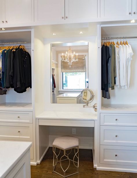 Closet With A Vanity, Built In Wall Vanity Bedroom, Makeup Vanity In Master Closet, Master Closet Design With Makeup Vanity, Small Walkin Closet With Vanity, Master Closet With Makeup Area, Guest Bedroom And Closet Combo, Built In Closet Vanity Ideas, Wardrobe Closet With Vanity