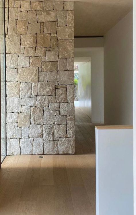 Stone Wall Ideas, Interior Stone Wall, Modern Spanish Farmhouse, Indoor Stairs, Stairs Wall, Stone Walls Interior, Townhouse Exterior, Stone Ideas, Stone Wall Design