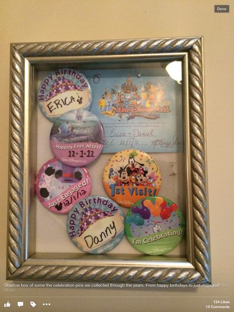 Disney Button Display, Disney Home Ideas For Adults, Disney Shadow Box Ideas, Adult Disney Room Decor, Disney Hallway, Disney Basement, Disney Shadow Box, Disney Decor Bedroom, Disney Display