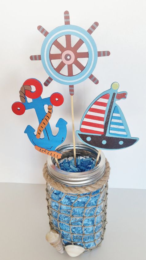 Nautical Baby Shower Table Centerpiece by LilLoveBugsCreations 1st Birthday Centerpieces, Sailor Baby Showers, Fish Party, Baby Shower Table Centerpieces, Baby Shower Table Decorations, Trendy Baby Shower Ideas, Baby Shower Decorations For Boys, Baby Shower Table, Nautical Baby Shower