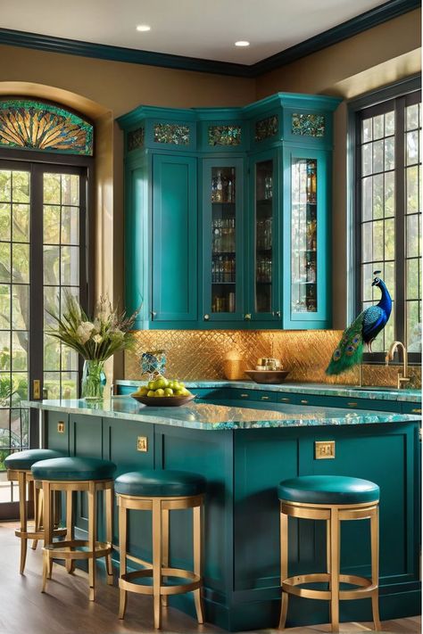 Step into this peacock-inspired kitchen, where luxury meets whimsy. Teal cabinets, golden accents, and a feathered mosaic dance together in a vibrant display of maximalist charm. Imagine cooking with a garden view, surrounded by eclectic beauty. 🌿✨ Maximalist Decor Kitchen, Peacock Kitchen, Teal Cabinets, Modern Maximalist Decor, Modern Maximalist, Dance Together, Eclectic Kitchen, Maximalist Decor, Unique Kitchen