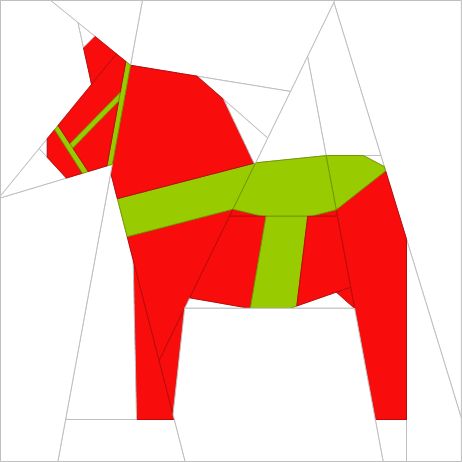 Dala Horse, A free foundation paper piecing pattern by Under Rainbow, found on Craftsy Christmas Sampler, Horse Quilt, Electric Quilt, Foundation Paper Piecing Patterns, Paper Pieced Quilt, Miniature Quilts, Dala Horse, Star Quilt Blocks, Horse Pattern