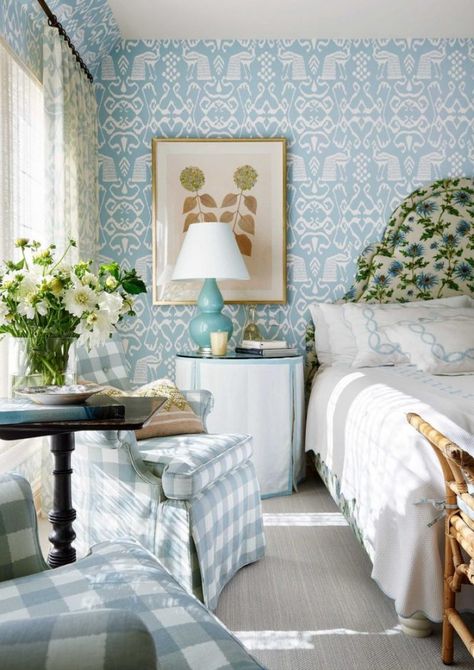 Beautiful by Mark D. Sikes in Montecito The client loved her China Seas Bali ikat wallpaper and curtains in the master bedroom, so Sikes reinvigorated them by adding more patterns in green and blue. “The room was completely transformed by the layers of fabric,” he says. The arched headboard is upholstered in George Spencer Designs’ Thistle, and the checked chairs had originally been in the living room. Lamp, Christopher Spitzmiller. Art, Hollyhock. Simple Bedroom Ideas, Orange Bedroom Ideas, Mirrored Bedroom, Bedroom Paint Ideas, Orange Bedroom, Bedroom Rustic, Guest Bedroom Ideas, Simple Bedroom, Bedroom Paint