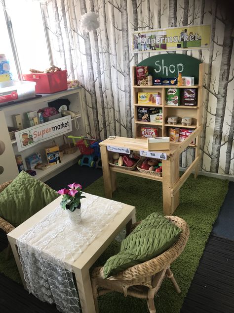 Shop home corner Home Corner Provocations, Shop Corner Preschool, Fantasy Corner Preschool, Home Corner Preschool, Classroom Home Corner, Reggio Inspired Home Corner, Home Corners Ideas Early Years, Early Years Room Ideas, Home Corner Ideas Childcare