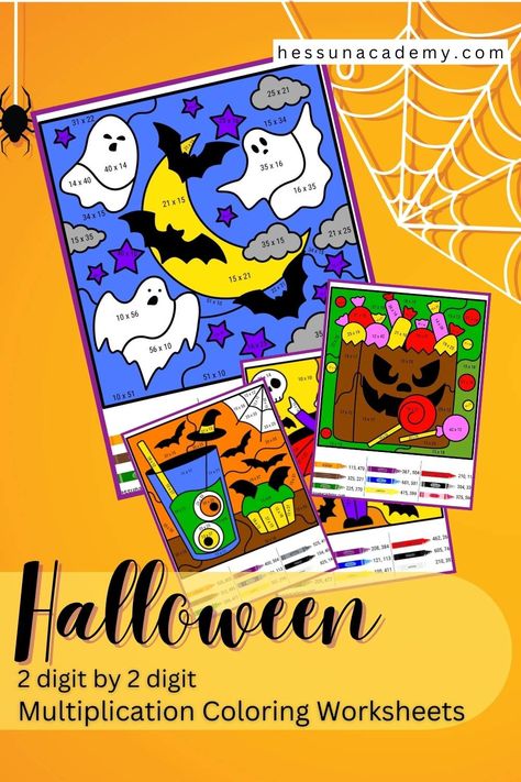 When you're searching for free Halloween printables this October, remember to grab these free Halloween 2 digit by 2 digit Multiplication Color by Number Worksheets! These Halloween color by number worksheets feature 2 digit by 2 digit multiplication problems. Uncover mystery pictures with a Halloween theme such as bats, moons, vampires, monster eyeballs, spooky Halloween candy, and more. Practice times tables with these fun multiplication practice pages and have some fun Halloween math ... Mystery Pictures Free, Fun Halloween Math, 2 Digit Multiplication, Halloween Multiplication, Multiplication Color By Number, Halloween Color By Number, Multiplication Problems, Multiplication Practice, Halloween Printables Free