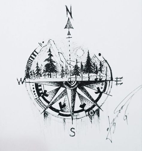 Compas Tattoo, Wilderness Tattoo, Berg Tattoo, Compass Tattoo Men, Camping Tattoo, Adventure Tattoo, Compass Art, Mountain Tattoo Design, Dad Tattoo