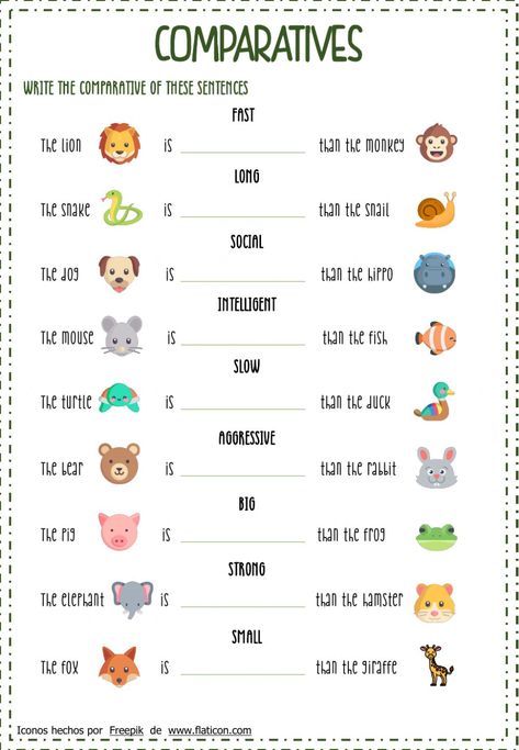 Comparatives interactive worksheet for 3º 4º 5º 6º. You can do the exercises online or download the worksheet as pdf. Comparative Adjectives Exercises, Comparatives Worksheet, Comparative Adjectives Worksheet, Degrees Of Comparison, School Games For Kids, English Grammar For Kids, English Adjectives, Adjective Worksheet, Grammar For Kids