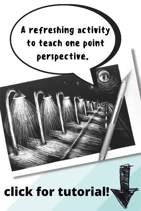 Teaching Perspective In Art, Teaching One Point Perspective, Fun Perspective Drawing, Lino Tiles, Perspective Ideas, Scratch Paper Art, Perspective Lessons, Intro To Art, Elementary Art Classroom