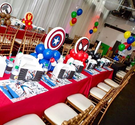 Superhero Birthday Centerpieces, Avengers Table Centerpieces, Avenger Centerpieces Birthdays, Captain America Table Decorations, Super Hero Table Decor, Super Hero Centerpieces Diy, Superhero Party Centerpieces, Superhero Centerpiece Ideas Diy, Super Hero Centerpiece