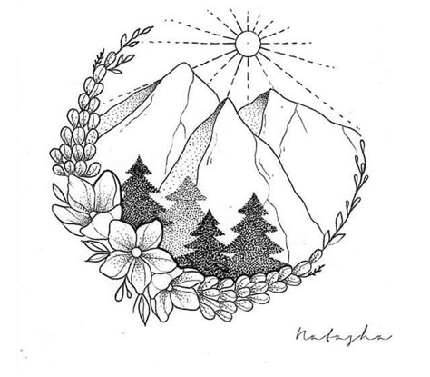 Sierra Nevada Mountains Tattoo, Small Camping Tattoo, Mountain Flower Tattoo, Montagne Tattoo, Mountain And Flower Tattoo, Mountain Drawing Simple, Opal Tattoo, Mountain Mandala, Kingfisher Tattoo