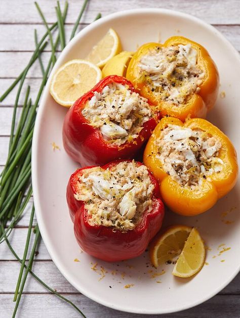 Fast or Slow Crab Stuffed Peppers Laura Marzen Crab Stuffed Peppers, Stuffed Peppers Recipe, Crab Stuffed, Mussels Recipe, Stuffed Pepper, Fresh Chives, Peppers Recipes, Stuffed Sweet Peppers, Curry Recipes