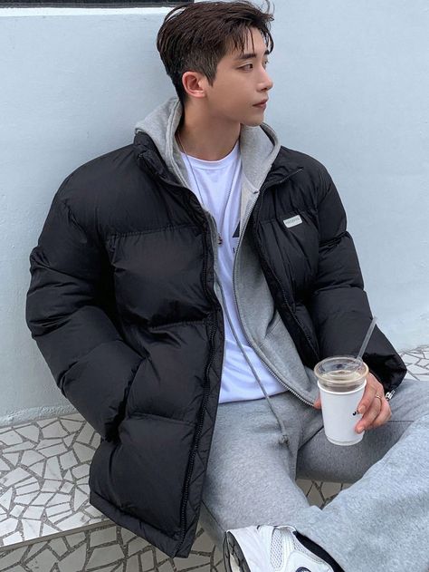 Black Casual Collar Long Sleeve Woven Fabric Letter Puffer Embellished Non-Stretch  Men Clothing Puff Jacket Outfit Men, Men Puffer Jacket Outfit, Puff Jacket Outfit, Black Puffer Jacket Outfit, Puffer Jacket Outfit Men, Jacket Outfit Men, Boys Winter Clothes, Puffer Jacket Outfit, Puffer Jacket Men