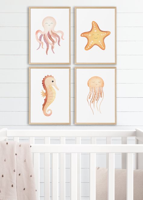 Ocean Girl Nursery, Sea Nursery Girl, Under The Sea Nursery Girly, Sea Creatures Nursery, Nursery Ocean, Under The Sea Nursery, Ocean Bedroom, Twins Nursery