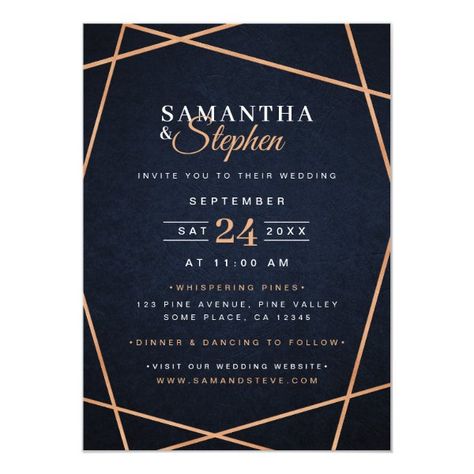 Stylish Navy Blue & Copper Geometric Wedding Invitation Navy And Copper, Geometric Wedding Invitation, Navy Blue Wedding Invitations, Wedding Invitation Size, Navy Wedding Invitations, Copper Wedding, Geometric Wedding, Wedding Fun, Navy Blue Wedding