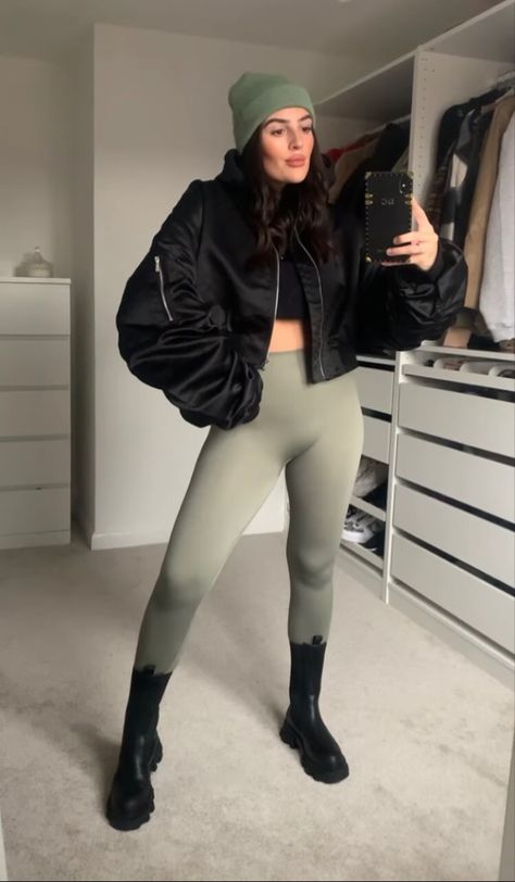 Khaki Leggings, Chunky Boots, Winter Outfit, Rain Jacket, Leggings, Wardrobe, Boots, Outfit Inspo