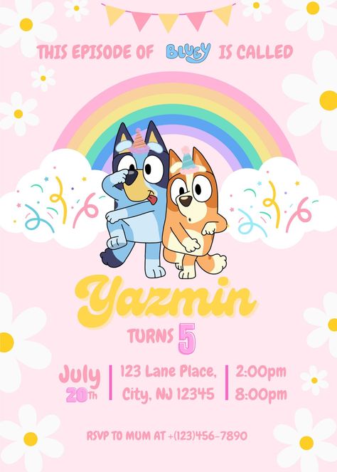 Bluey Birthday Invitation for Girl or Boy!  Ready to customize to your needs! Bluey 2nd Birthday Invitation, Bluey Summer Party, Bluey Birthday Party Invites, Bluey Invitations Template, Boy Girl Birthday Theme, Bluey Invitations Template Free, Girly Bluey Party Theme, Bluey Third Birthday Girl, Bluey Birthday Invitation Template Free