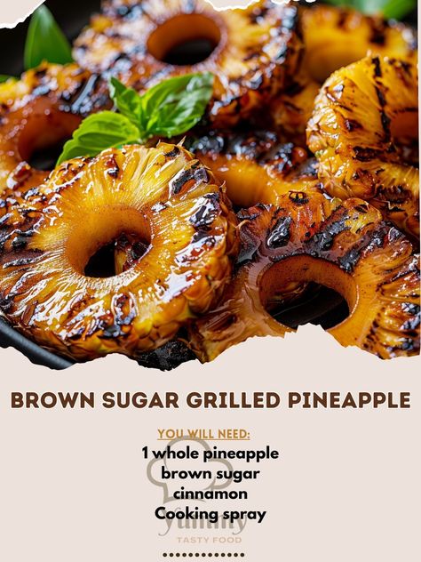 🍍🔥 Transform your dessert with Brown Sugar Grilled Pineapple! Caramelized to perfection for a sweet, smoky treat. #GrilledDessert #PineappleBliss Brown Sugar Grilled Pineapple Recipe 🍢 Ingredients: 1 whole pineapple (about 1kg), peeled, cored, and cut into rings 100g brown sugar 2g cinnamon Cooking spray or oil for grilling Instructions: Preheat your grill to medium-high heat. In a small bowl, mix brown sugar and cinnamon. Sprinkle the sugar mixture evenly over both sides of the pineapple... Tropical Food Recipes, Grilled Pineapple Recipe, Summertime Food, Cooked Pineapple, Pineapple Recipe, Bbq Desserts, Grilled Desserts, Pineapple Bowl, Pineapple Rings