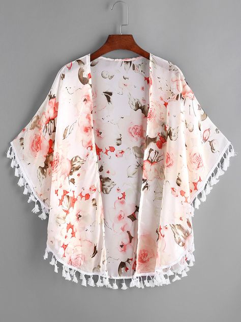 Floral Beach Dresses, Kids Outdoor Clothes, Tassel Outfit, Kimono Online, Rok Outfit, Chiffon Cardigan, Tassel Blouse, Mode Kimono, Kimono Blouse