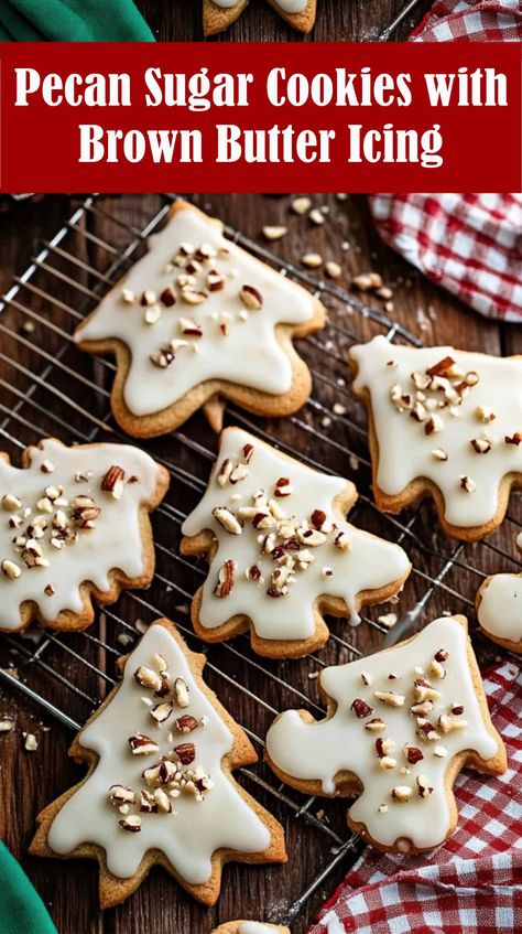 Pecan Sugar Cookies with Brown Butter Icing elevate the classic cut-out sugar cookie with a deliciously nutty twist, delivering extra flavor and texture in every bite. The pecans add a toasty, caramel-like depth, while the brown sugar enhances their warm, cozy flavor. Pecan Sugar Cookies, Cookies With Brown Butter, Brown Butter Icing, Brown Sugar Icing, Pecan Shortbread Cookies, Sugar Cookie Icing, Butter Icing, Cutout Sugar Cookies, Cookie Icing