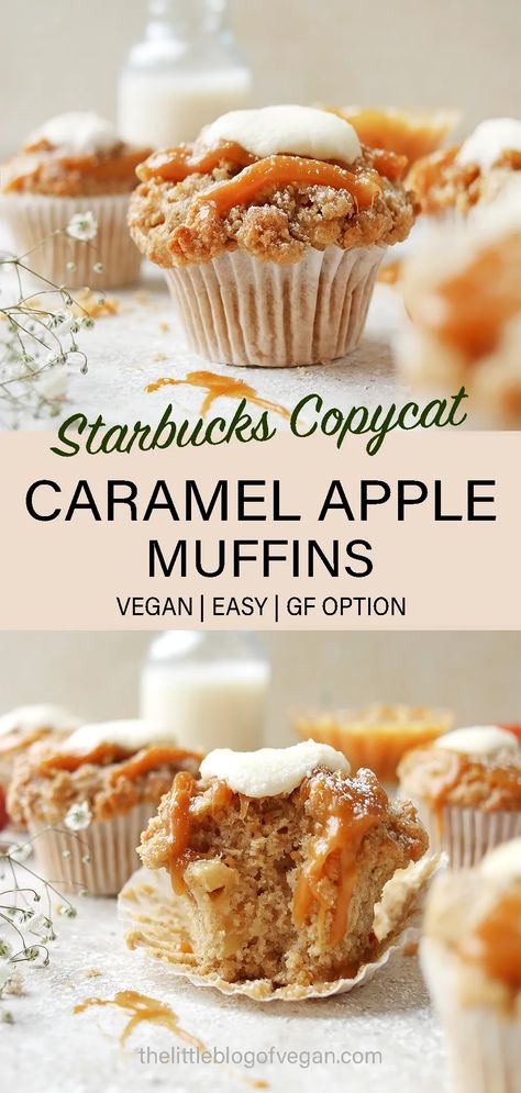 pinterest pin for caramel apple muffins Thick Caramel Sauce, Starbucks Muffins, Autumnal Recipes, Caramel Muffins, Gluten Free Caramel Apples, Caramel Apple Muffins, Vegan Caramel Apple, Apple Muffin Recipes, Apple Pastry